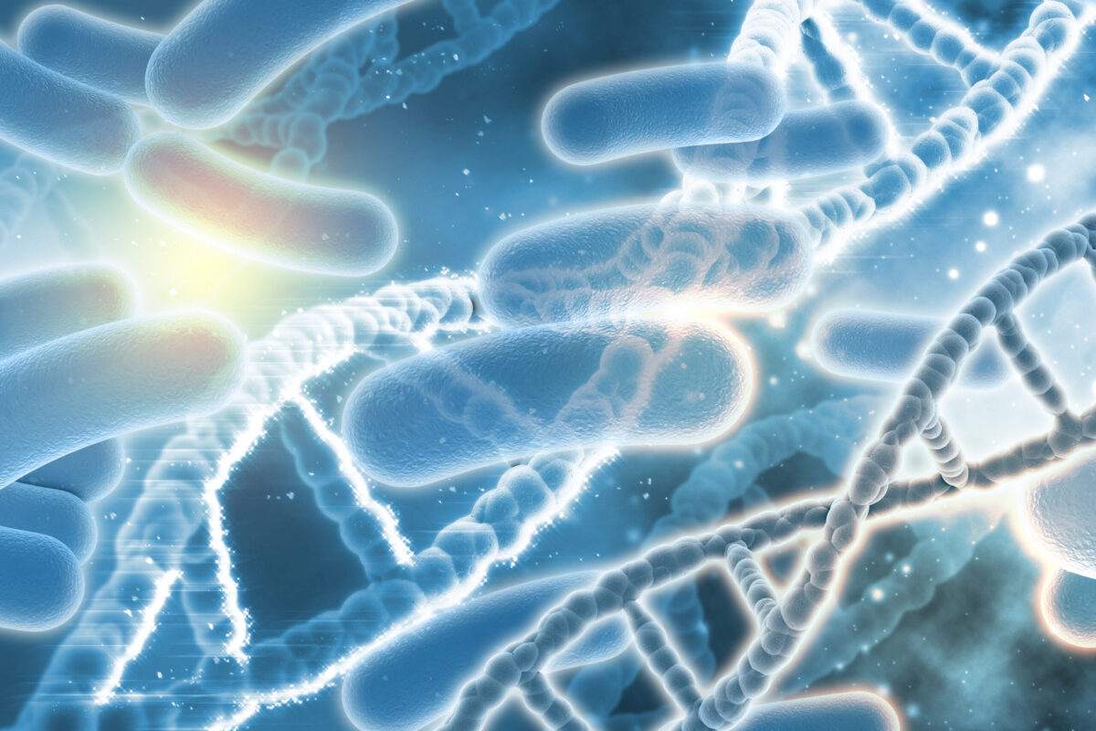 dr-rusvai-beata-mikrobiom-vizsgálat-02 DNS-spirálok és henger alakú mikroszkopikus struktúrák kék tónusú háttérben, apró fénygömbökkel, a mikrobiom vizsgálat vizuális ábrázolására.