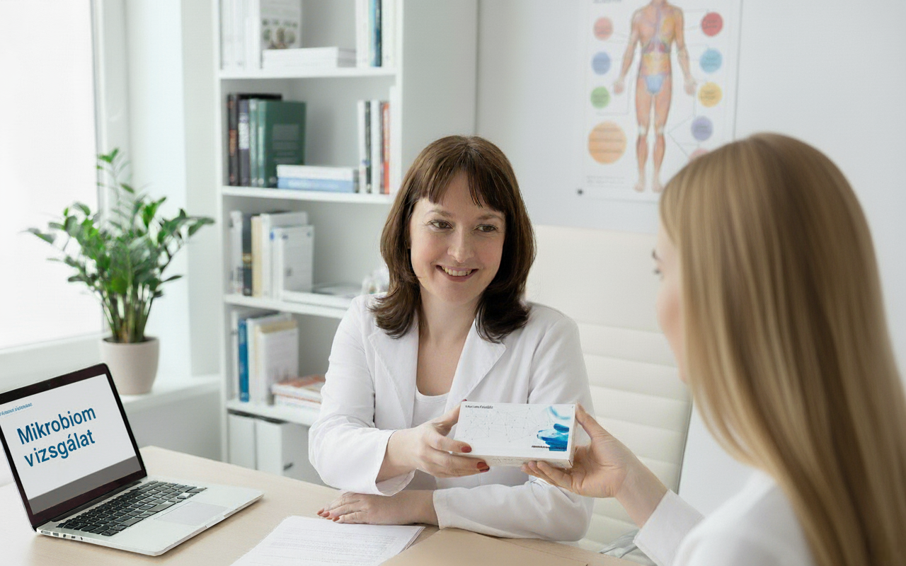 Dr. Rusvai Beáta átadja páciense számára a mikrobiom mintavételi dobozt a rendelőben<br />
