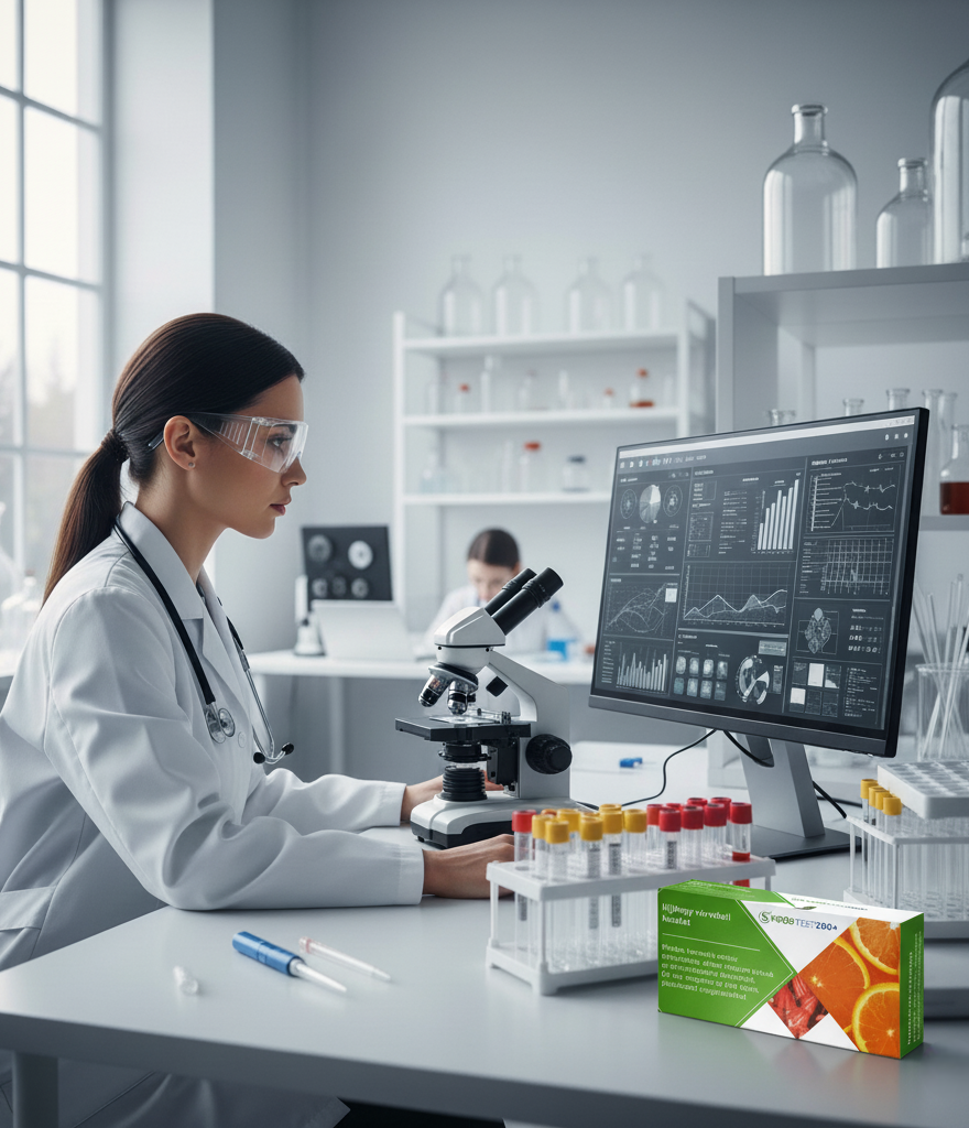 dr-rusvai-beata-foodteszt-200plusz-etelintolerancia-laborvizsgalat-04 Laboratóriumi környezetben egy női orvos Foodtest 200+ mintákat elemez mikroszkóp alatt, modern diagnosztikai eszközökkel és tudományos precizitással.