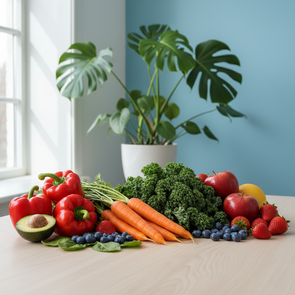 dr-rusvai-beata-holisztikus-taplalkozas-friss-gyumolcsok-zoldsegek Friss gyümölcsök és zöldségek világos fa asztalon, természetes fényben, nyugodt wellness hangulatban.<br />