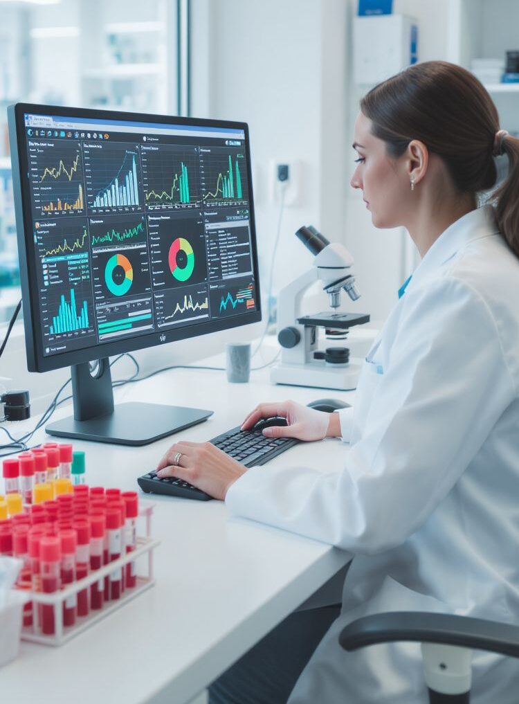 Női laboráns számítógép előtt, laboratóriumi adatok és színes diagramok elemzése közben egy modern orvosi laborban.