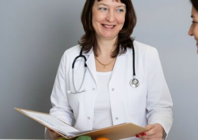 Dr. Rusvai Beáta az ételintolerancia teszt eredményeit átbeszéli a pácienssel, friss zöldségek az asztalon